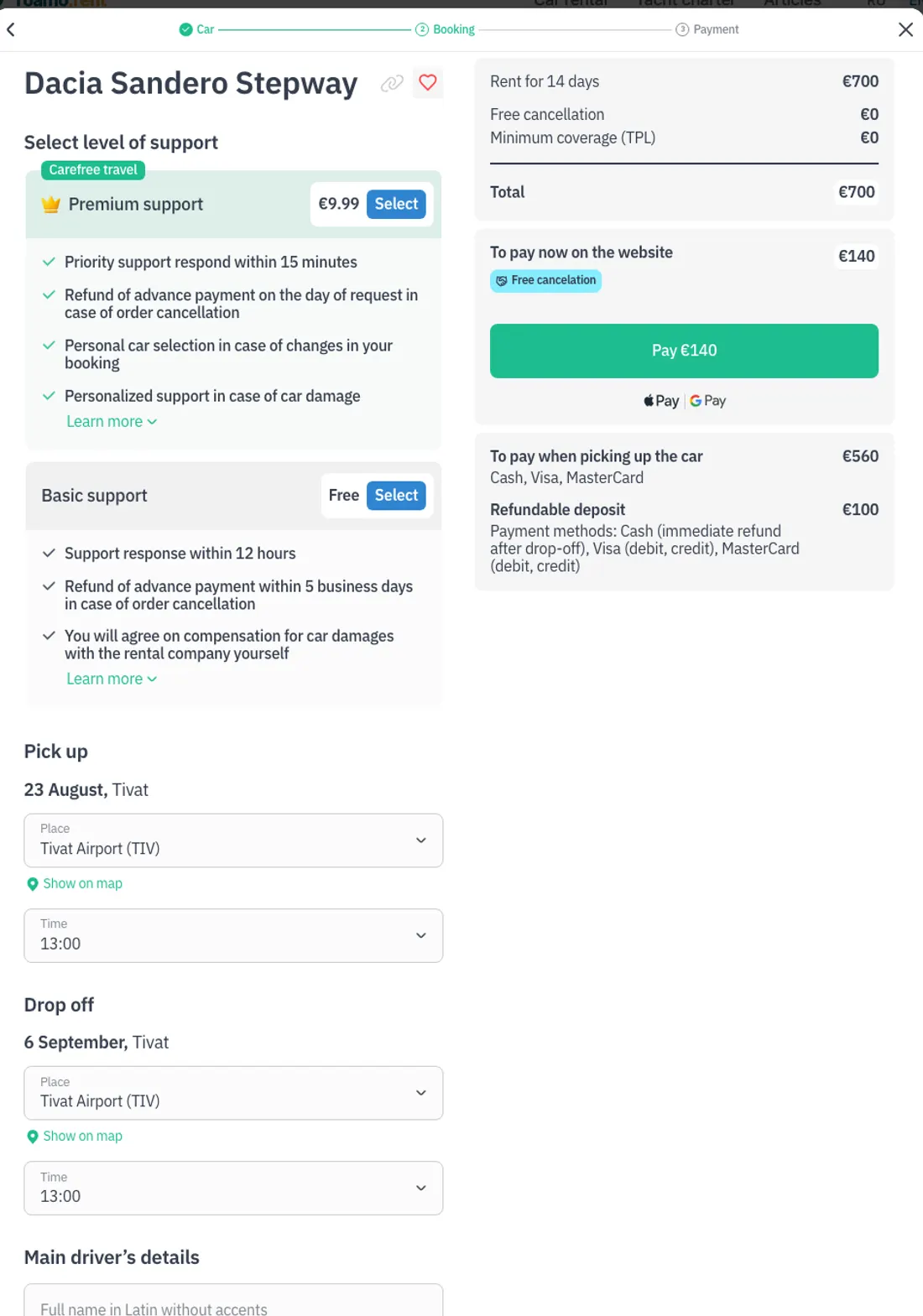 Booking step: support level, payment methods and driver details