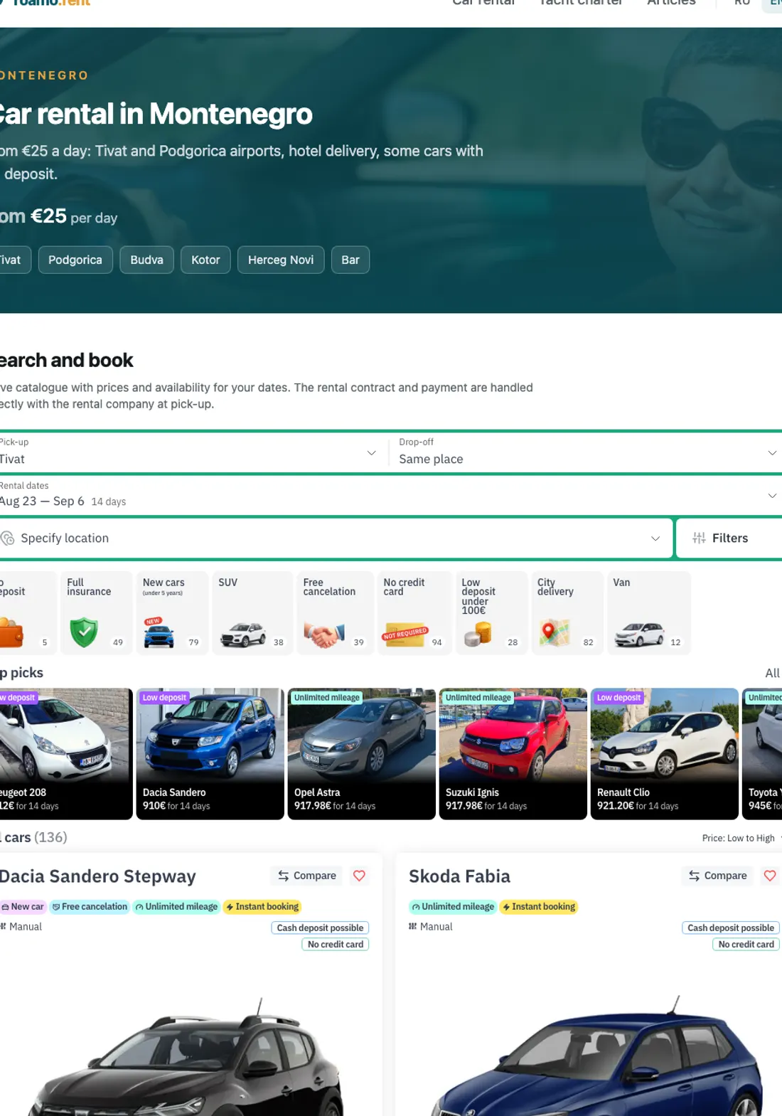 Car page: price, prepayment, insurance and pick-up details