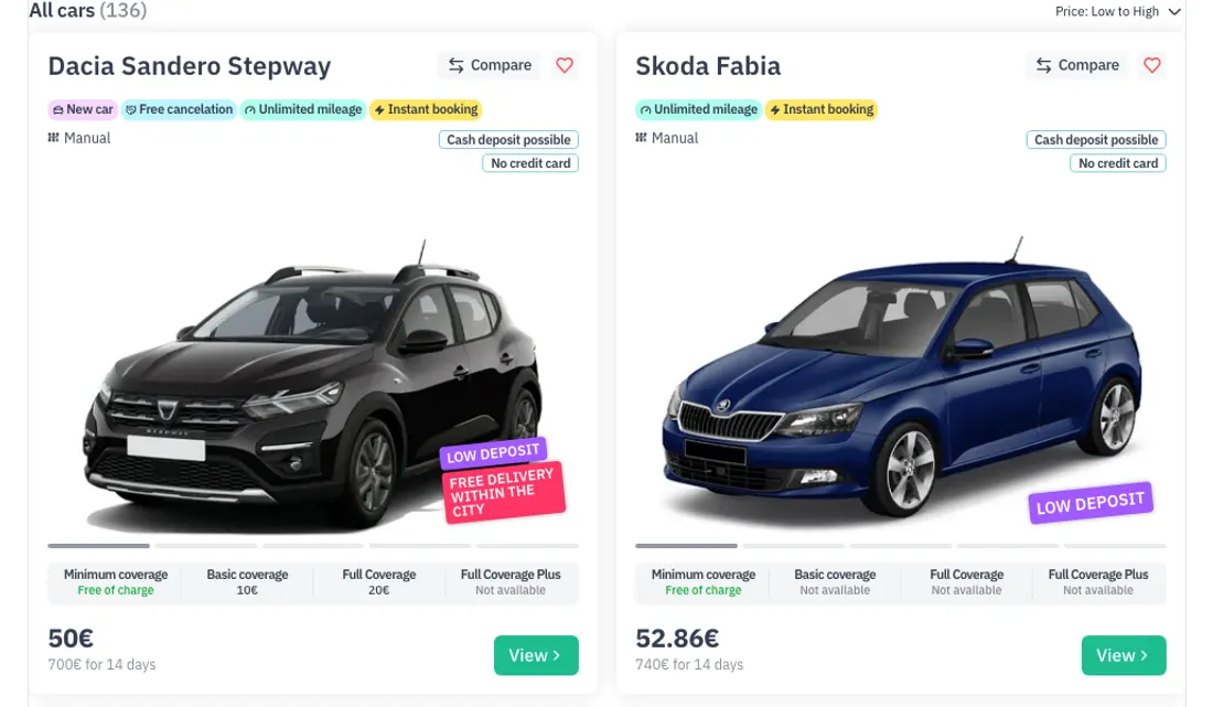 Catalogue: car cards with per-day price and total for the period