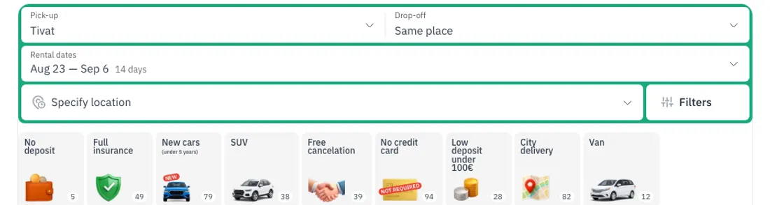 Search panel: pick-up and drop-off cities, rental dates and filters