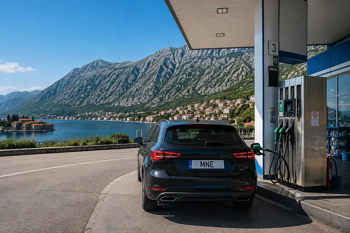 A petrol station on the Montenegrin coast with a view of Sveti Stefan