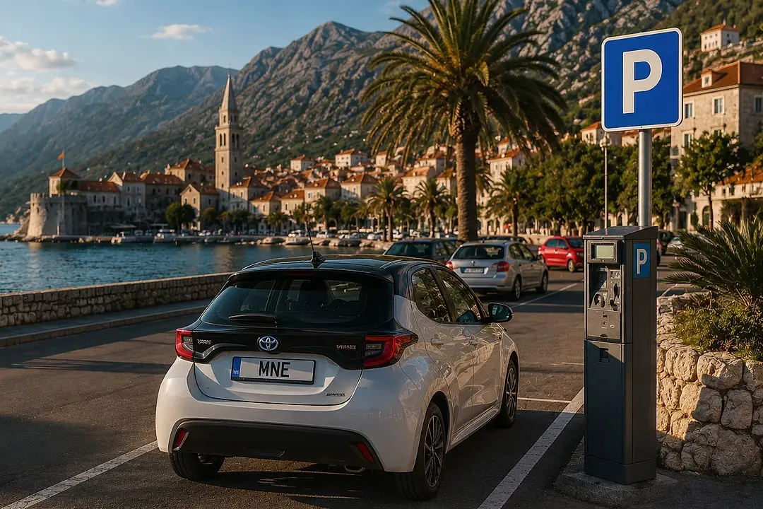 Gebührenpflichtiger Parkplatz an der Promenade: Automat, P-Schild und ein Auto in der Bucht