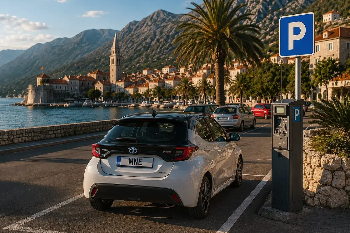 A paid seafront car park: ticket machine, a P sign and a car in a marked bay