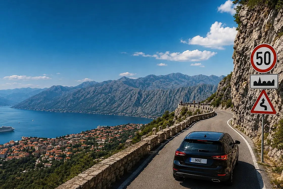 A hairpin road above the Bay of Kotor: a 50 km/h sign and a car on the bend