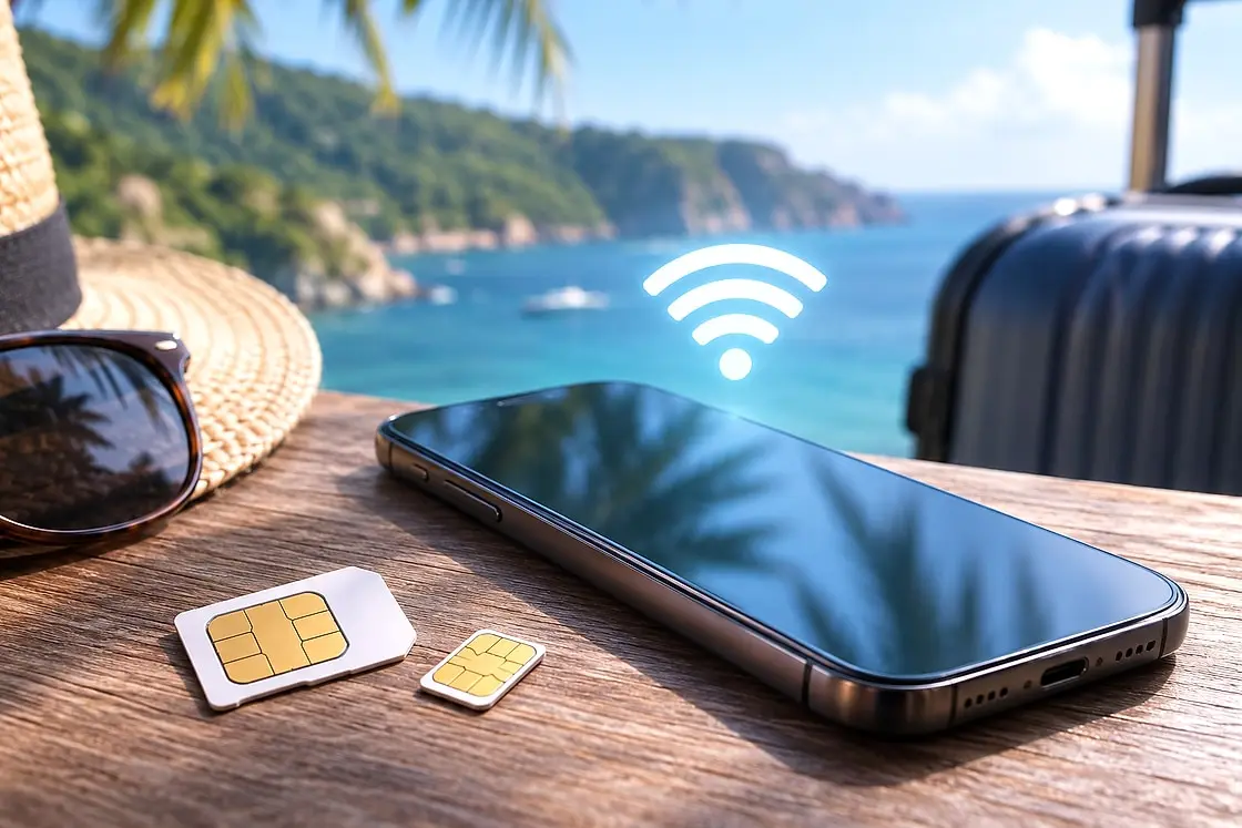 A smartphone and two SIM cards on a table, the sea and a suitcase behind