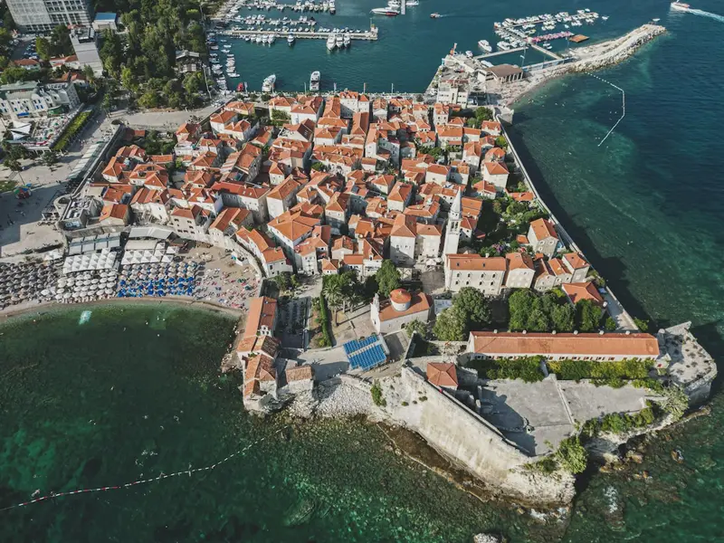 Budva old town and the marina from above