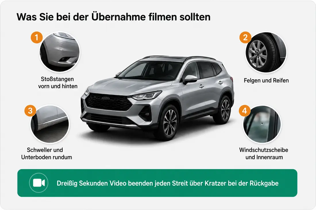 Was Sie bei der Übernahme filmen sollten: Stoßstangen, Felgen und Reifen, Schweller und Unterboden, Windschutzscheibe und Innenraum
