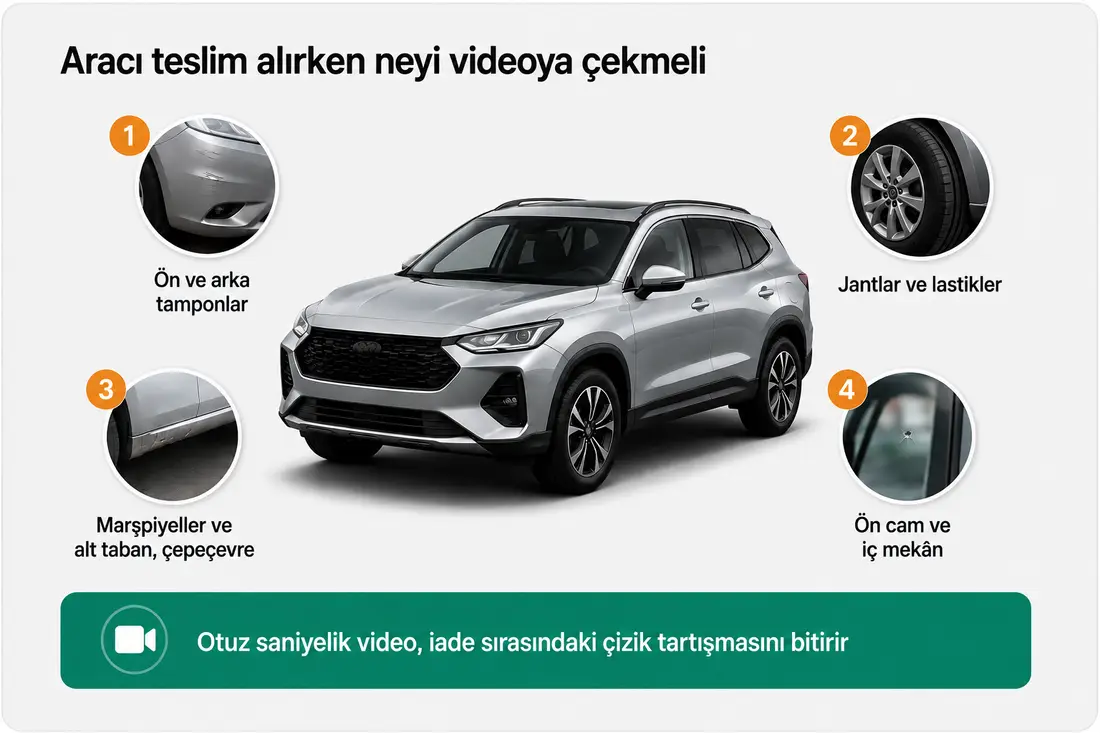 Aracı teslim alırken neyi videoya çekmeli: tamponlar, jantlar ve lastikler, marşpiyeller ve alt taban, ön cam ve iç mekân
